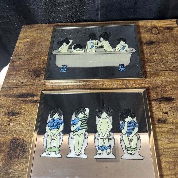 Vintage Mirror Retro Mod Kids Bathroom Art 8” X 10" Bath Time & Potty Set Of 2 - Picture 4 of 13